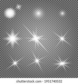 Star light. Starburst glow effect, vector sparkle. Flash shine, glowing bright on transparent background. Abstract glitter decoration, shiny sunlight ray, magic disco element. Special spark