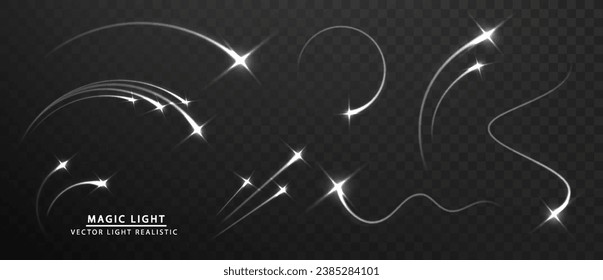 Star light tail. Magic curve light. Flare christmas star line trail. Transparent element motion, vector isolated shining light effects