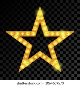 Star of lightbulb neon signboard on transparent background. Vector isolated abstract retro star of lamps light