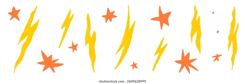 Star and lightning crayon set with chalk texture. Star kid crayon yellow color. Simple kid element. Vector illustration