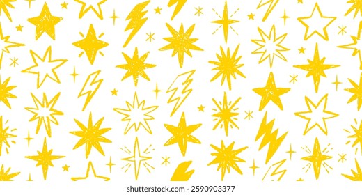 Star and lightning pattern. Seamless background, cute doodle crayon pattern. Seamless watercolor star flash light sky. Yellow pastel texture hand drawn space bg. Starry chalk wallpaper, school kid art