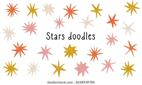 Juego de garabatos de tiza de línea de estrella en estilo de crayón simple. Elementos lindos del cielo de la noche del graffiti del arte del cabrito de la decoración de la forma del destello en colores de moda.