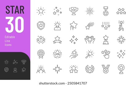 Star Line Editable Icons set. Vector illustration in modern thin line style of achievement related icons: lounge zone, parking, playground, spa, and more. Pictograms and infographics