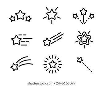 Conjunto de iconos de línea estelar. Brillo, estrellas que caen y disparan, fuegos artificiales, centelleo, resplandor, Ilustración vectorial de ráfaga de brillo. Elemento de diseño plano de contorno.