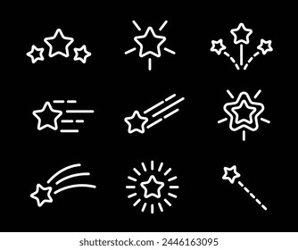 Conjunto de iconos de línea estelar. Brillo, estrellas que caen y disparan, fuegos artificiales, centelleo, resplandor, Ilustración vectorial de ráfaga de brillo. Elemento de diseño plano de contorno.