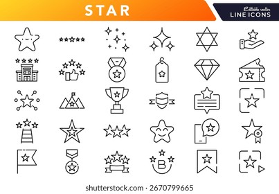 Star linear icon set. Ratings, favorites, awards, achievements, sparkles, highlights, space, decoration, shapes, symbols, navigation, vector icon set. UI thin line icon pack