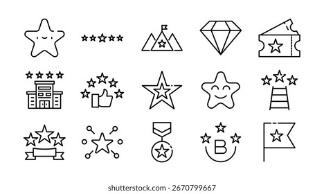 Conjunto de ícones linear de estrelas. Classificações, favoritos, prêmios, conquistas, brilhos, destaques, espaço, decoração, formas, símbolos, navegação, conjunto de ícones vetoriais. Pacote de ícones de linha fina da interface do usuário