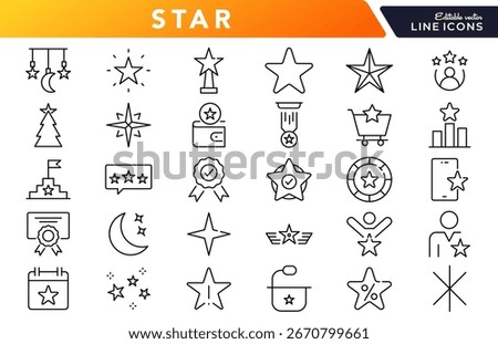 Star linear icon set. Ratings, favorites, awards, achievements, sparkles, highlights, space, decoration, shapes, symbols, navigation, vector icon set. UI thin line icon pack
