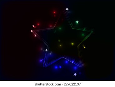 Star from lines with multiple stars around on black background with red, blue, green, yellow color and background