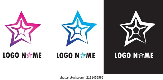 Star logo, in assorted colors gradual blue and gradual violet, with additional black and white version, vector image.