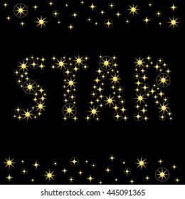 Star Logo with Authentic Stars Symbols - Yellow Colored Relief Objects on Black Background with Star Symbol Decor Elements - 3D Gradients Style Illustration
