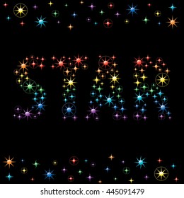 Star Logo with Authentic Stars Symbols - Rainbow Colored Relief Objects on Black Background with Star Symbol Decor Elements - 3D Gradients Style Illustration