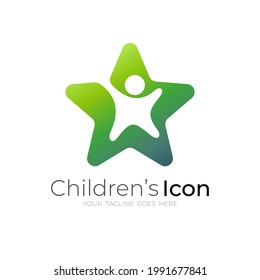 Star logo and children design combination, green color