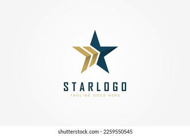 Star Logo Concept. Blue Geometric Star with Gold Double Arrows isolated on White Background. Flat Vector Logo Design Template Element for Business and Branding Logos.