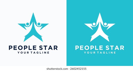 star logo design and silhouette of two successful people with green and yellow colors