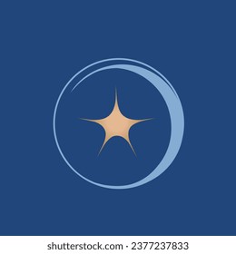 Star logo emblem. Abstract style icon isolated on blue background. Decorative shape elements. Ornamental design illustration. Sacred night symbol decoration. Circle frame.