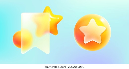 Star logo in glassmorphism style. Vector 3D achievement icon. Transparent glass with blur effect. UI element for bookmark, feedback, favorite, best, winner, success, approved buttons.