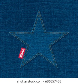 Star Logo Lettering Creative Concept with Blue Denim Cotton Jeans Star and Red Tab in Front of Similar Realistic Vector Texture - Light Elements on Dark Background - Flat Graphic Design