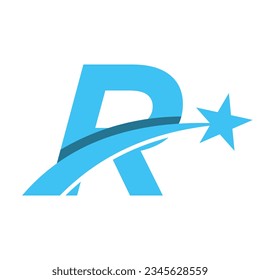 Star Logo On Letter R. Moving Star Symbol Vector Template