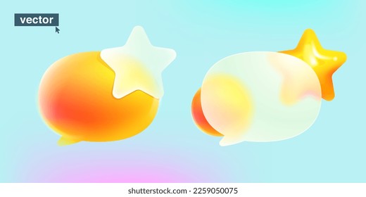 Logo de Star sobre burbuja de habla al estilo del glasmorfismo. Icono de logro del vector 3D. Vidrio transparente con efecto desdibujado. para marcadores, comentarios, favoritos, mejor, ganador, éxito, botones aprobados.