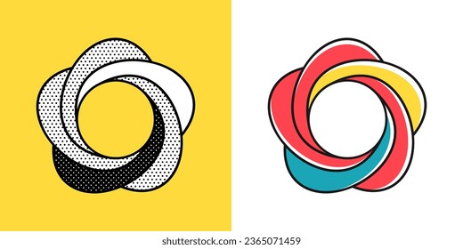 Sternzeichen. Optisches Illusionszeichen. Retro-3D-Symbole mit schwarz-weißem Polka-Punkte und farbigen Optionen. Vektorunmögliche Form für Halftonetiketten, Kryptofirmen, Spielmarken, Vintage-Plakate