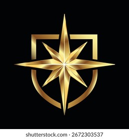 logotipo estrela em um escudo, cor dourada brilhante, fundo preto, símbolo ou posto de poder, estrela de 8 lados