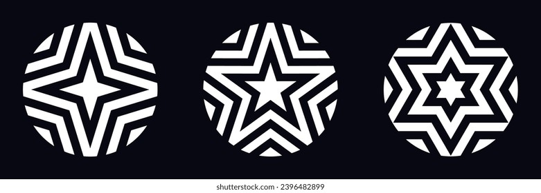 Star logo variations, decorative stripes in a round shape. Concentric energy center, light source