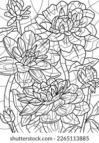 star lotus flower coloring page with pencil line art. Antistress for children and adults. Illustration on white background. Zen-tangle style.