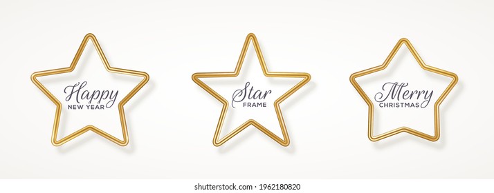 Star luxury 3d gold frame set isolated on white background. Vector illustration. Nightclub party design label, Christmas badge, bronze metallic wire graphic element, realistic border