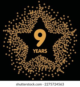 Stern aus goldenen Sequins-Star glitter auf schwarzem Hintergrund zum Feiern des glücklichen 9. Jubiläums
