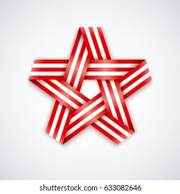 Star made of interlaced ribbon with american flag stripes. Vector illustration for USA national holidays.