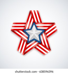 Star made of interlaced ribbon with American flag stripes and white star within. Vector illustration for USA national holidays.