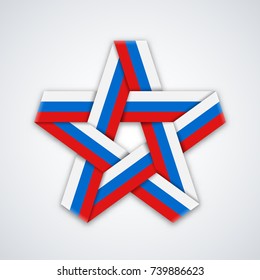 Star made of intersected ribbon with russian flag colors. Tricolor symbol design. Vector illustration for russian national holidays.