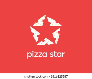 Star made of pizza slices logo icon design modern illustration. Creative pizzeria, restaurant, italian food vector sign symbol mark logotype on red background.