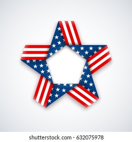 Star made of ribbon with american flag colors and symbols. Vector illustration for USA national holidays.