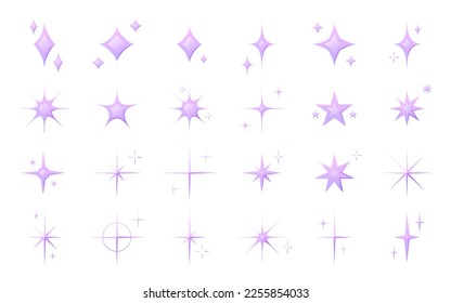 Star magic fairy light space cute purple flat set. Decoration handmade cozy constellation night glow glitter sparkle Christmas sticker web smiley background element abstract sky flash vector isolated