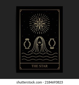 The star magic golden major arcana tarot card in engraving, hand drawn, luxury, esoteric, boho style, fit for spiritualist, religious, paranormal, tarot reader, astrologer or tattoo