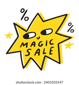 Star. Magic sale. Cute character. Abstract shape. Vector flat illustration. Marketing. Promotion banner. Advertisement. White background.