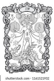 Star. Major Arcana tarot card. The Magic Gate deck. Fantasy engraved vector illustration with occult mysterious symbols and esoteric concept