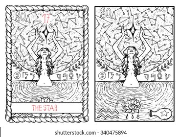 The star.  The major arcana tarot card, vintage hand drawn engraved illustration with mystic symbols. Young woman swimming in the pond and looking at the star 