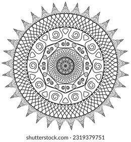 Star mandala for coloring with black lines and white background.