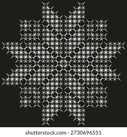 Mandala Vetor de estrelas. Ornamento geométrico de pontos. Contraste de fundo escuro. Forma intrincada de simetria. EPS 10.
