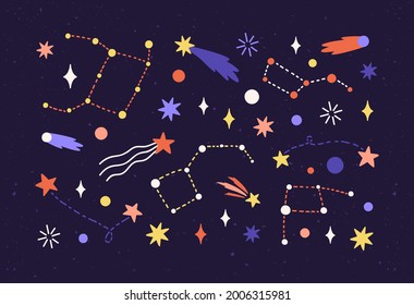 Star map with constellations and comets in outer space. Cosmic starry night sky with celestial objects in cosmos. Astronomical composition. Colored flat vector illustration of universe