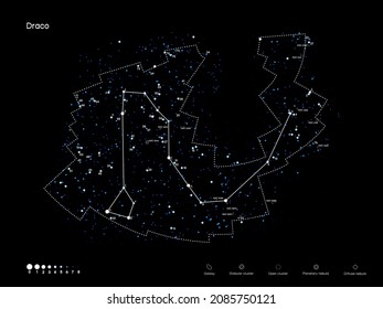 Mapa estelar con símbolos y estrellas en el espacio profundo. Ilustración vectorial. Concepto astronómico.