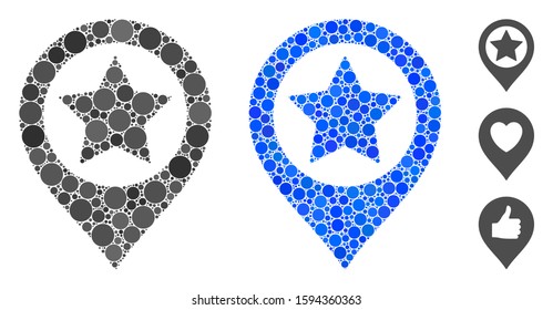 Star map marker composition of spheric dots in variable sizes and shades, based on star map marker icon. Vector round dots are composed into blue composition.