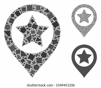 Star map marker mosaic of tuberous items in variable sizes and color tints, based on star map marker icon. Vector uneven parts are organized into mosaic.
