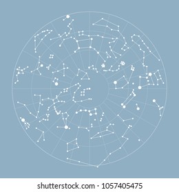 Star Map Vector Illustration. Map Of Constellations. System Star Solar Graphic Vintage Astronomy Planets For Poster, Postcard, Banner, Cover. Vector Illustration Of Starry Sky On Light Blue Background