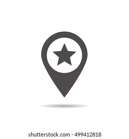 Star mark inside pinpoint icon. Drop shadow silhouette symbol. Favorite place location. Vector isolated illustration