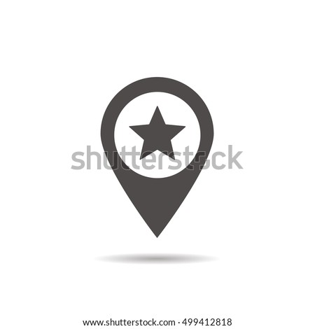 Star mark inside pinpoint icon. Drop shadow silhouette symbol. Favorite place location. Vector isolated illustration