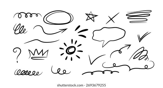 star with marker stroke pencil highlight, Doodle sketch heart, star, cloud cartoon sticker shapes